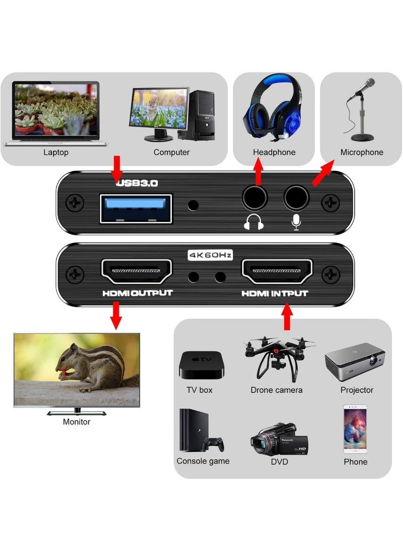 بطاقة التقاط فيديو وصوت 4K HDMI USB 3.0، دقة Full HD 1080P لتسجيل الألعاب والبث المباشر - Image 5