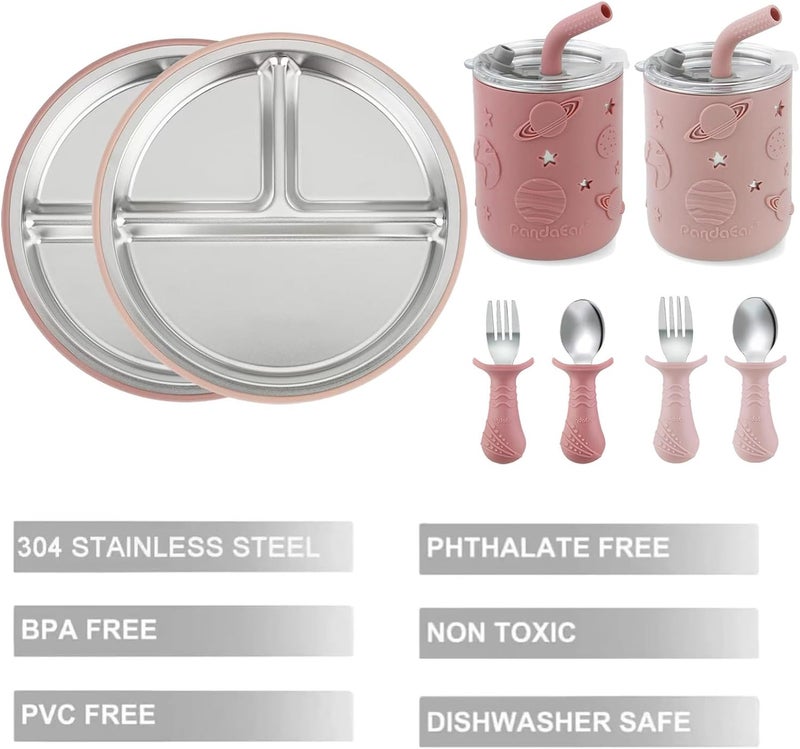 PandaEar Stainless Steel Baby Feeding Set | 2 Plates with Split Suction Cup, 2 Drip Cups with Straw and Silicone Coating, 2 Forks and 2 Spoons | BPA Free - Image 3