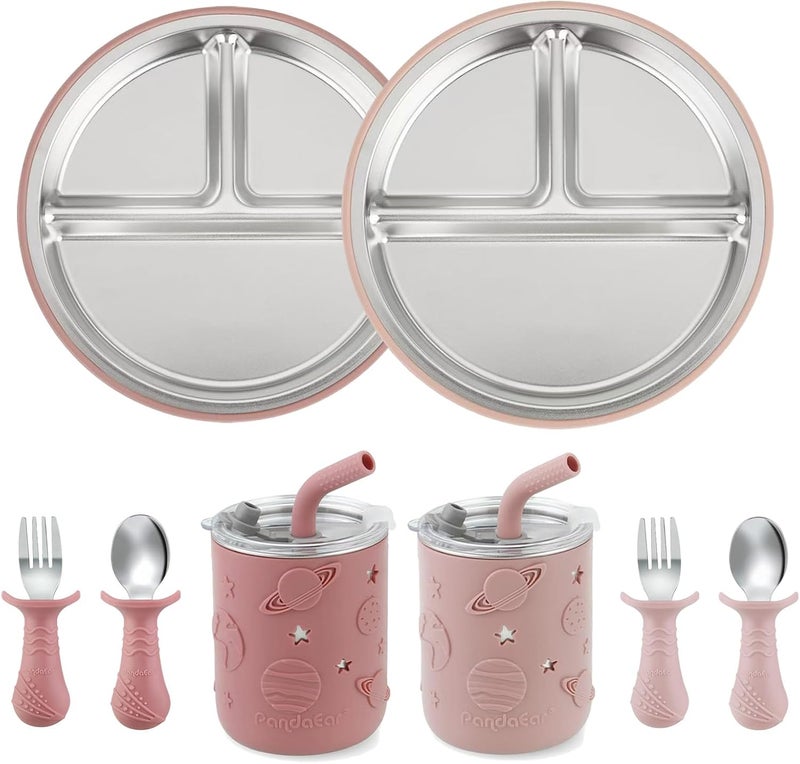 PandaEar Stainless Steel Baby Feeding Set | 2 Plates with Split Suction Cup, 2 Drip Cups with Straw and Silicone Coating, 2 Forks and 2 Spoons | BPA Free - Image 1