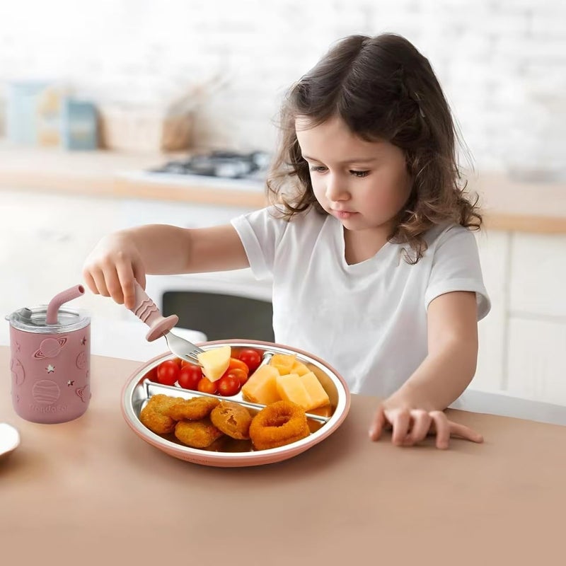 PandaEar Stainless Steel Baby Feeding Set | 2 Plates with Split Suction Cup, 2 Drip Cups with Straw and Silicone Coating, 2 Forks and 2 Spoons | BPA Free - Image 2