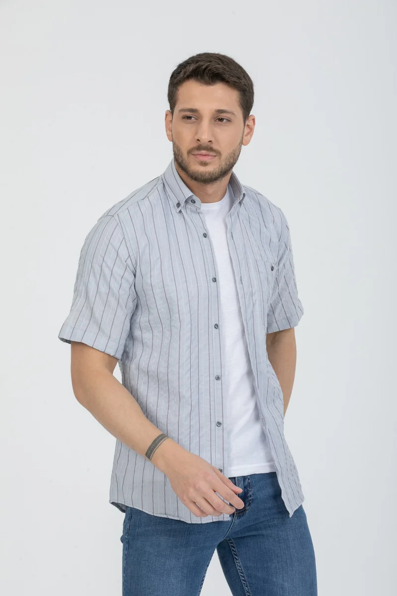 فاريتا Men's Brown Striped Cotton Short Sleeve Shirt with Pocket