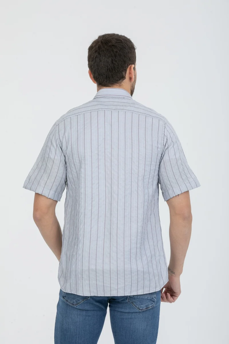 فاريتا Men's Brown Striped Cotton Short Sleeve Shirt with Pocket