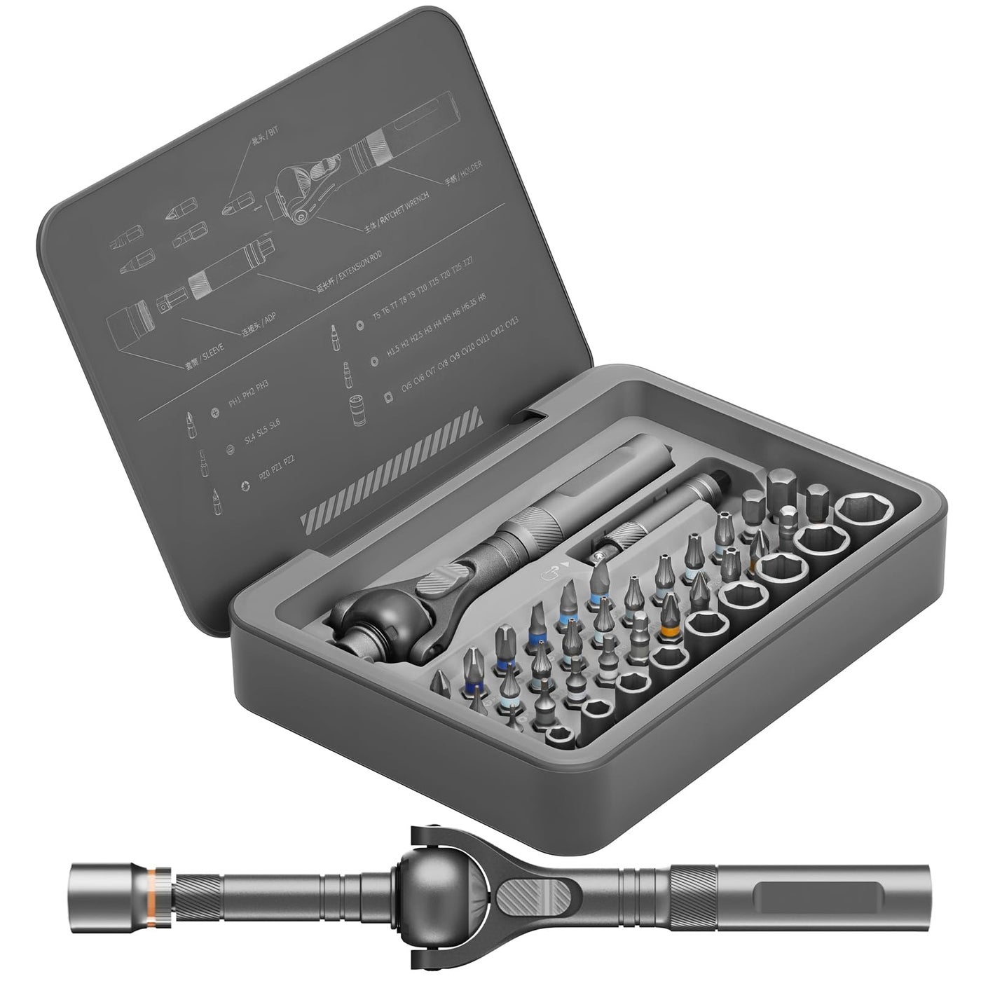 BoxedHome 40 in 1 Magnetic Ratchet Screwdriver Set, Multi Bit Screwdriver Kit with 180° Adjustable Handle, S2 Bits and CR-V Socket Sets, Portable Tools for Computer, Electronics, Bike and Home Repair