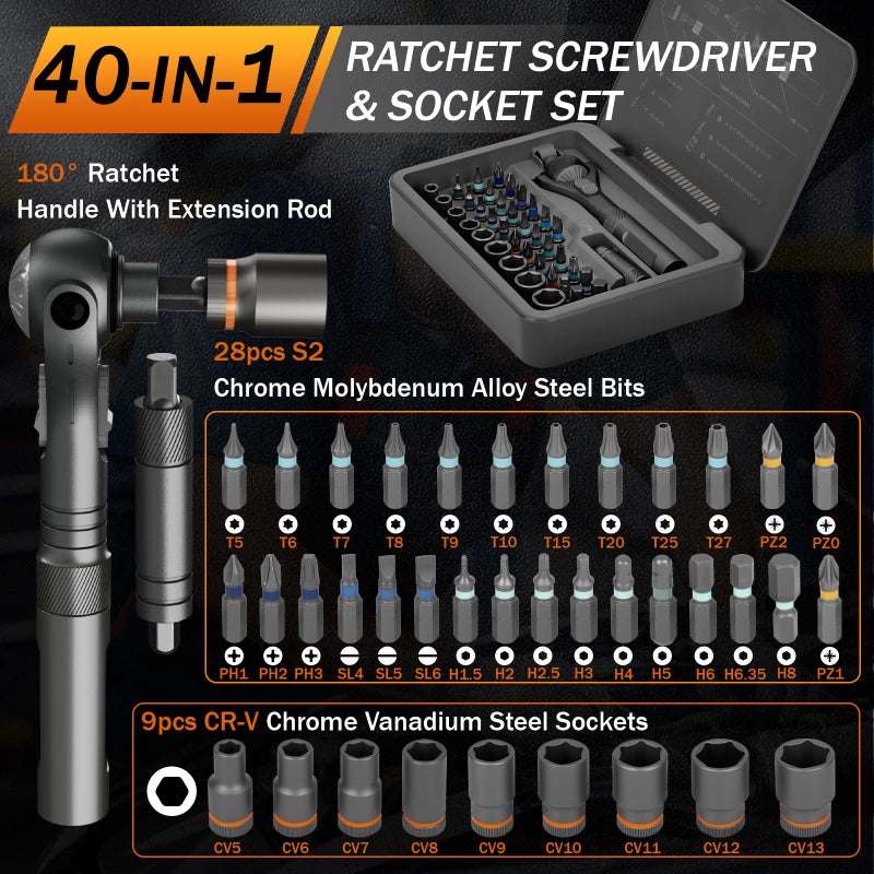 BoxedHome 40 in 1 Magnetic Ratchet Screwdriver Set, Multi Bit Screwdriver Kit with 180Â° Adjustable Handle, S2 Bits and CR-V Socket Sets, Portable Tools for Computer, Electronics, Bike and Home Repair - Image 2