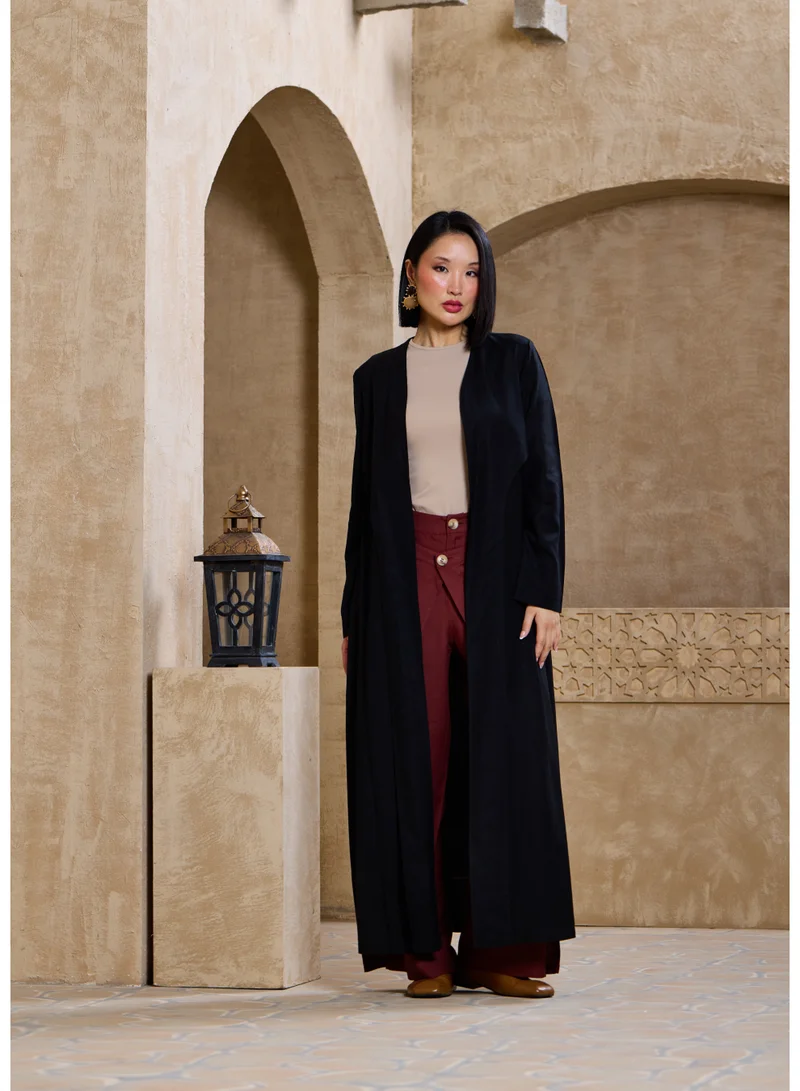 أشيتا فرنانديز Black Linen Abaya – Minimalist Longline Elegance