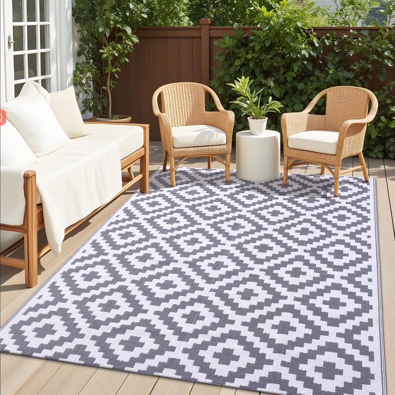 OLANLY Waterproof Outdoor Rug 5x8 ft, Outdoor Plastic Straw Rug for Camping, RV Mat Outside, Outdoor Carpet for Porch, Deck, Backyard, Balcony, Picnic, Grey & White - Image 1