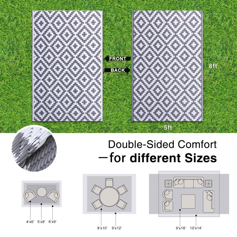 OLANLY Waterproof Outdoor Rug 5x8 ft, Outdoor Plastic Straw Rug for Camping, RV Mat Outside, Outdoor Carpet for Porch, Deck, Backyard, Balcony, Picnic, Grey & White - Image 2