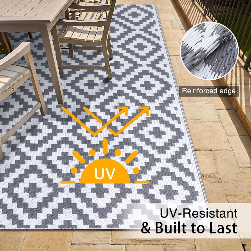 OLANLY Waterproof Outdoor Rug 5x8 ft, Outdoor Plastic Straw Rug for Camping, RV Mat Outside, Outdoor Carpet for Porch, Deck, Backyard, Balcony, Picnic, Grey & White - Image 4
