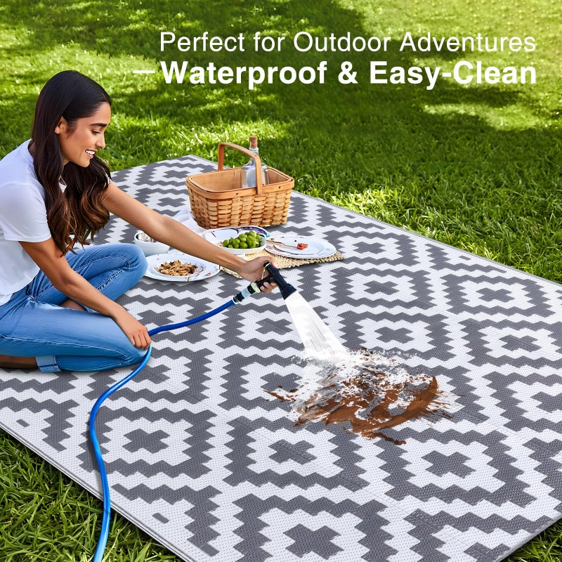 OLANLY Waterproof Outdoor Rug 5x8 ft, Outdoor Plastic Straw Rug for Camping, RV Mat Outside, Outdoor Carpet for Porch, Deck, Backyard, Balcony, Picnic, Grey & White - Image 3