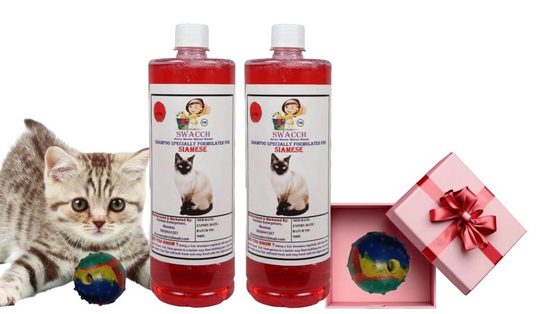 swacch Siamese Cat Shampoo + Rubber Musical Ball I Chew Playing Rubber Ball I Interactive Cat Toy Balls I Training & Play I Combo Pack I 1 Litre Pack of 2 Strawberry - Image 1