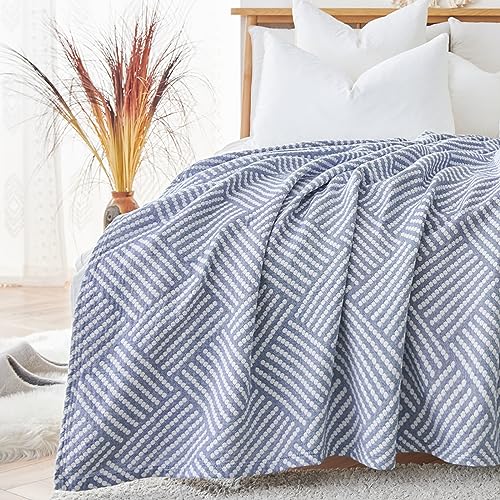 jinchan Boho 100 Cotton Blanket Muslin Twin Size 60x80 Inches Lightweight 3Layer Geometric Square Striped Pattern Reversible Quilt Throw Soft Breathable Comfy All Seasons for Couch Bed Decor Blue - Image 1