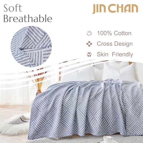 jinchan Boho 100 Cotton Blanket Muslin Twin Size 60x80 Inches Lightweight 3Layer Geometric Square Striped Pattern Reversible Quilt Throw Soft Breathable Comfy All Seasons for Couch Bed Decor Blue - Image 3