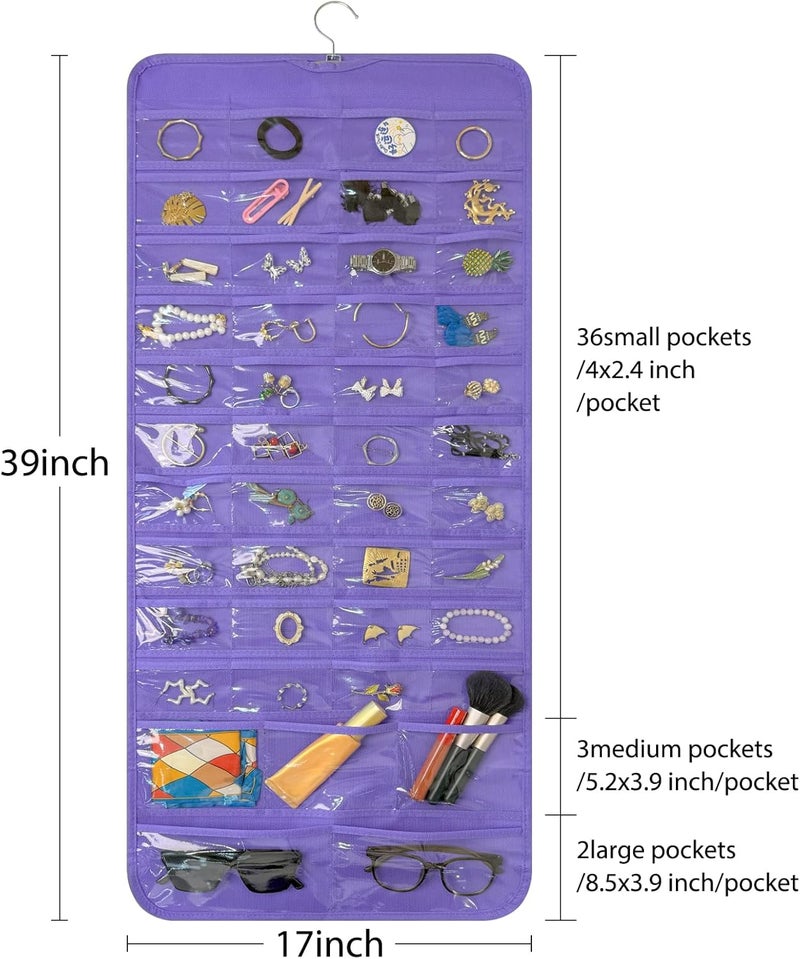 Bloss Hanging Jewelry Organizer With 90 Pockets,Earring Holder Organizer Storage For Valentine's Day Gift,Double-Sided Jewelry Holder for Earrings, Necklaces, Rings on Closet,Wall,Door(Purple) - Image 1