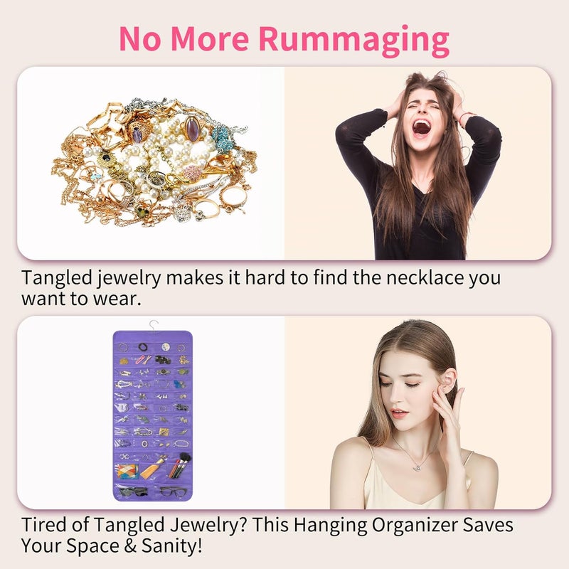 Bloss Hanging Jewelry Organizer With 90 Pockets,Earring Holder Organizer Storage For Valentine's Day Gift,Double-Sided Jewelry Holder for Earrings, Necklaces, Rings on Closet,Wall,Door(Purple) - Image 2