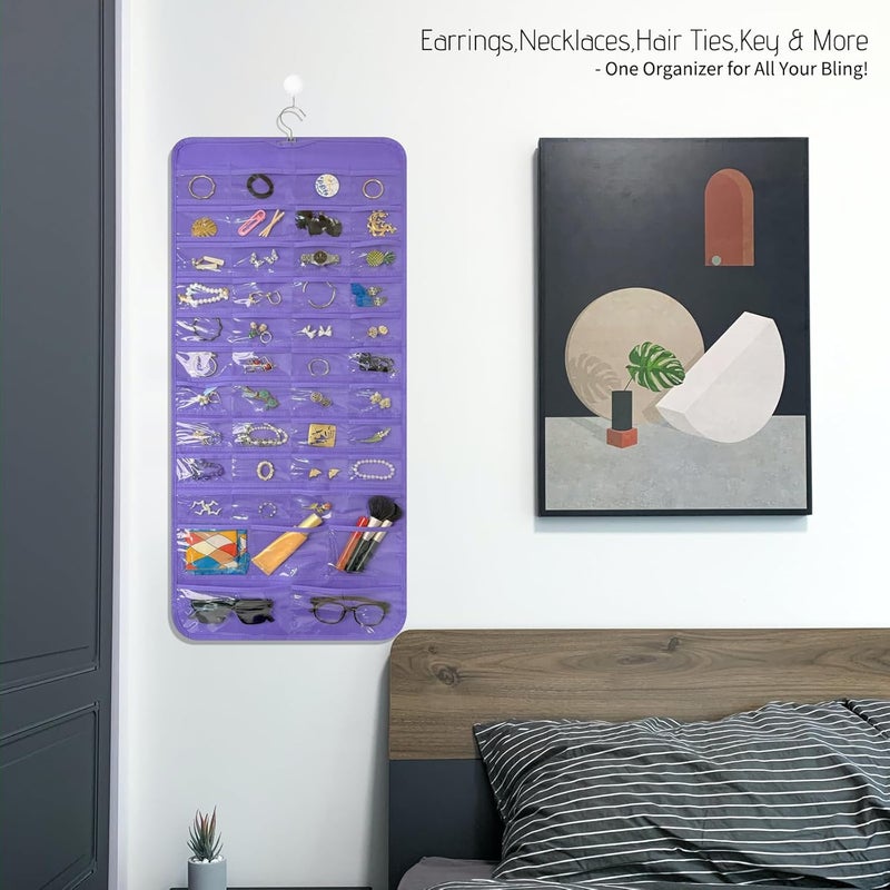 Bloss Hanging Jewelry Organizer With 90 Pockets,Earring Holder Organizer Storage For Valentine's Day Gift,Double-Sided Jewelry Holder for Earrings, Necklaces, Rings on Closet,Wall,Door(Purple) - Image 4