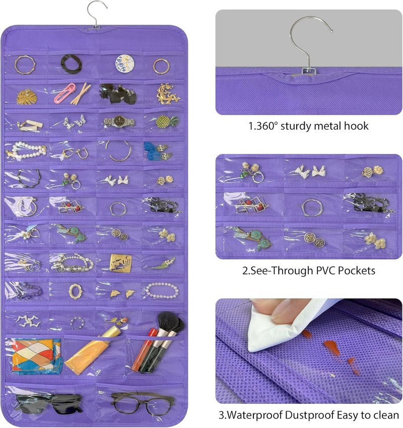 Bloss Hanging Jewelry Organizer With 90 Pockets,Earring Holder Organizer Storage For Valentine's Day Gift,Double-Sided Jewelry Holder for Earrings, Necklaces, Rings on Closet,Wall,Door(Purple) - Image 3