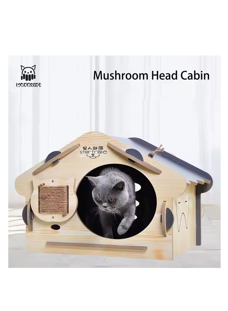 "Wooden Cat House Easily Assembled Cat Hiding Place With Roof Kitty Cave with Scratch Board Cat Shelter for Indoor 60x40x40cm"