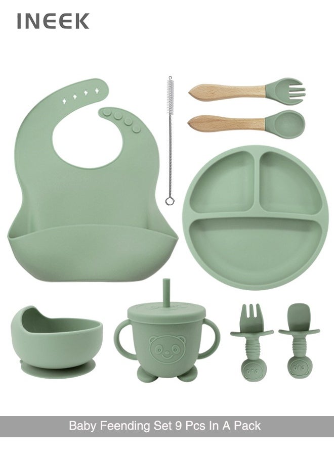 iNeek 9 Piece  Baby Led Weaning Supplies Silicone Feeding Set  Baby Toddler Bib Cup Divided Plate and Bowl Self Feeding Spoons Dish Set  Baby Utensils |Toddler Feeding Supplies  - Image 1