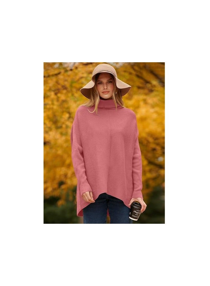 Womens Turtleneck Oversized Sweater 2023 Long Batwing Sleeve Asymmetric Hem Casual Knit Pullover Tunic Sweater  - Image 5
