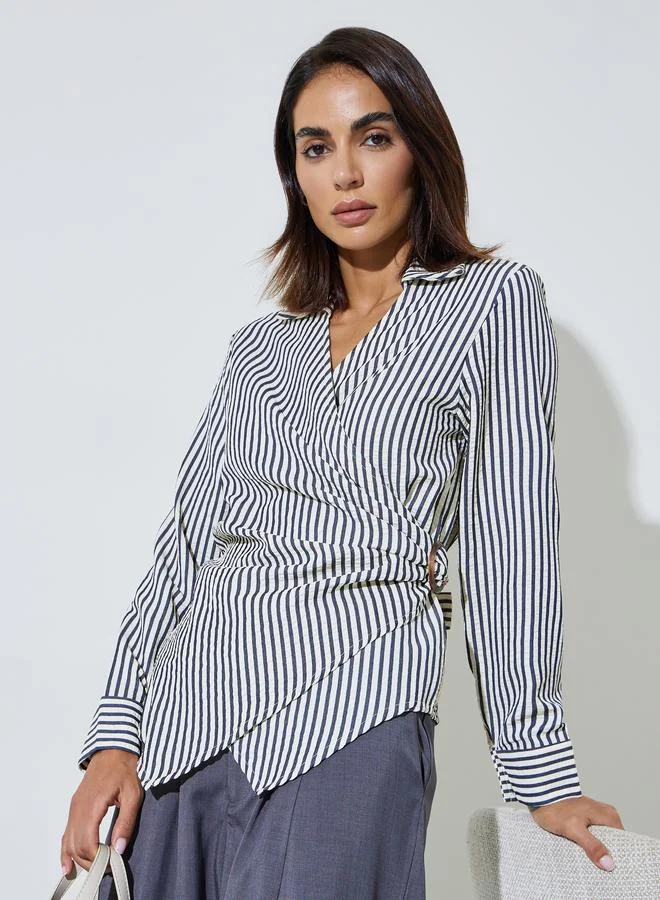 Styli Navy Blue Striped Long Sleeve Wrap Top