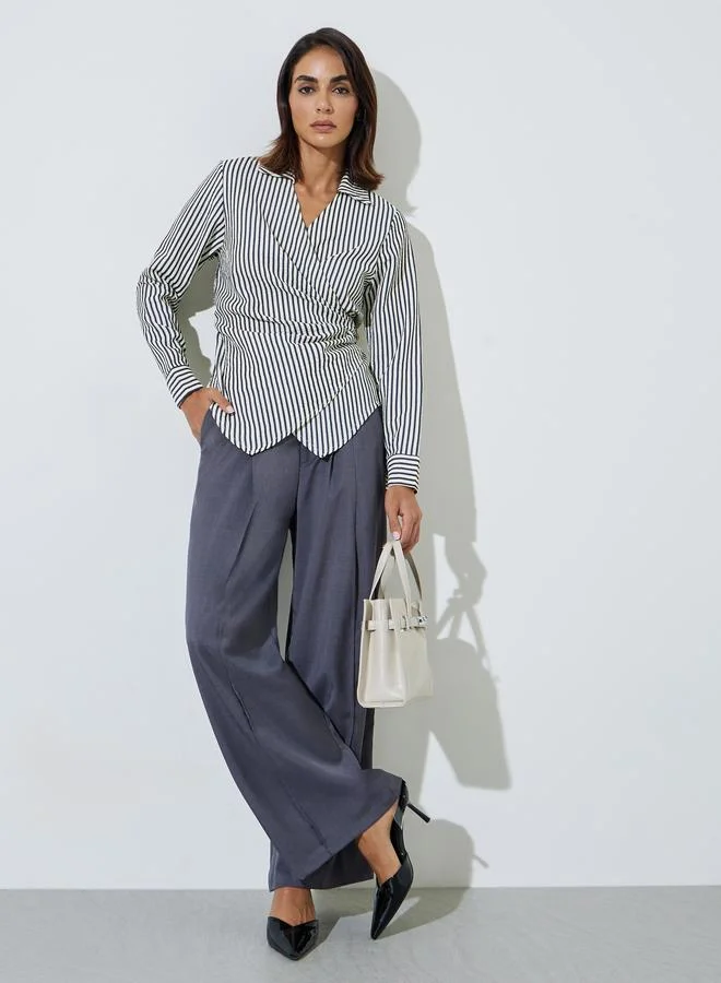 Styli Navy Blue Striped Long Sleeve Wrap Top