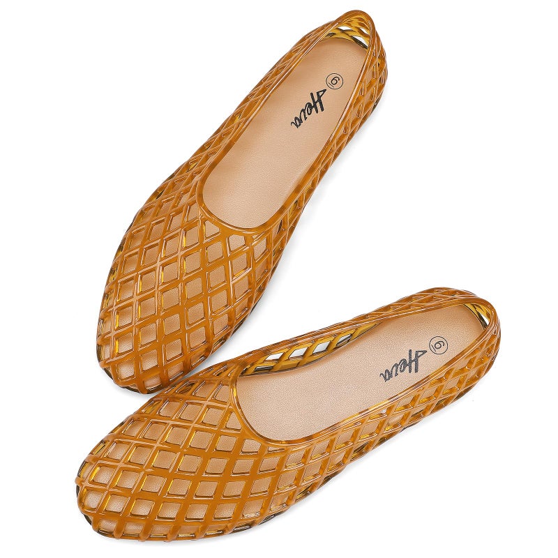 HEVA Women's Jelly Mesh Flats Breathable Clear Hollow Shoes Summer Beach Jellies Ballet Sandals(7 M US Lt Brown) - Image 2