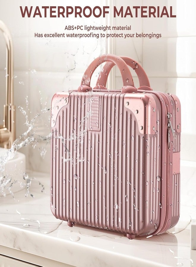 ENNCOZY Hard Shell Mini Makeup Case for Travel - Portable Cosmetic Organizer Bag with Handle & Zipper Pockets - Waterproof Compact Vanity Train Case for Women & Girls (Pink Rose) - Image 4