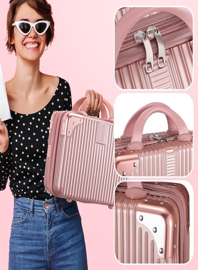 ENNCOZY Hard Shell Mini Makeup Case for Travel - Portable Cosmetic Organizer Bag with Handle & Zipper Pockets - Waterproof Compact Vanity Train Case for Women & Girls (Pink Rose) - Image 3