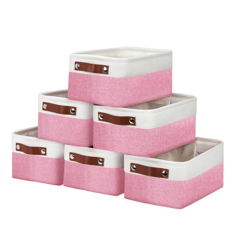 DULLEMELO Small Storage Baskets 6 Pack  Fabric Collapsible Gift Storage Baskets for Shelves  Closets  Nursery  Home  Office Organizing Small Canvas Linen Rectangular Storage Bins (6-Pack  White&Pink) - Image 1