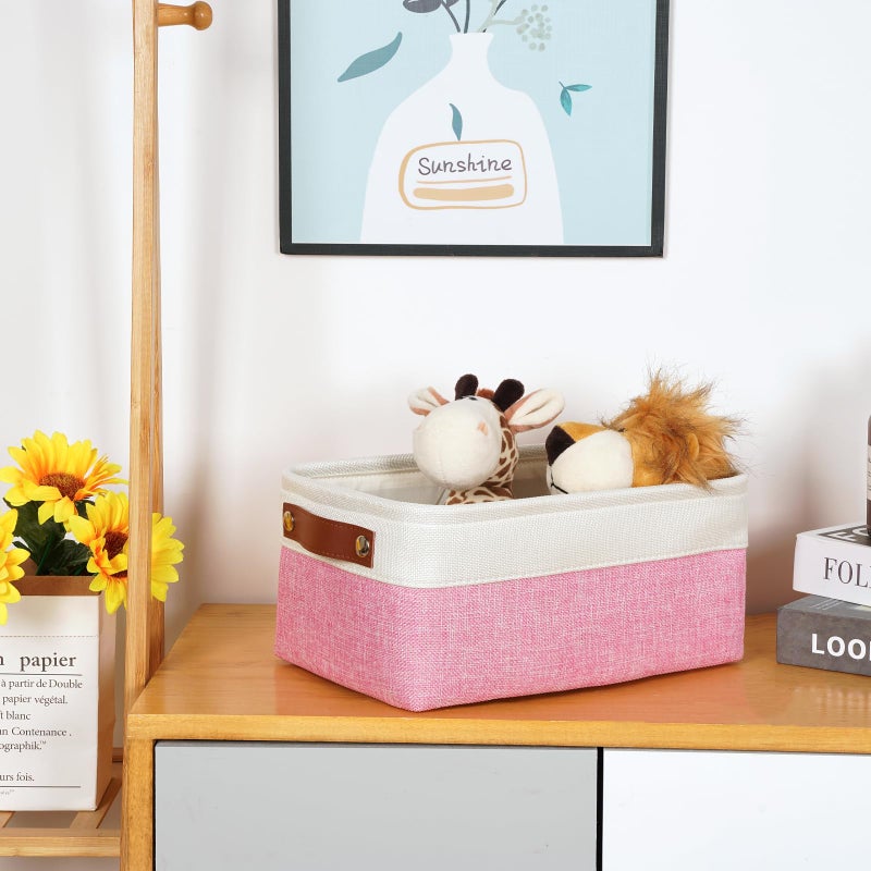 DULLEMELO Small Storage Baskets 6 Pack  Fabric Collapsible Gift Storage Baskets for Shelves  Closets  Nursery  Home  Office Organizing Small Canvas Linen Rectangular Storage Bins (6-Pack  White&Pink) - Image 2