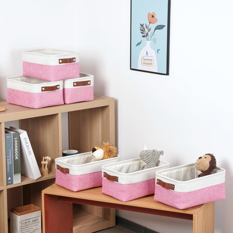 DULLEMELO Small Storage Baskets 6 Pack  Fabric Collapsible Gift Storage Baskets for Shelves  Closets  Nursery  Home  Office Organizing Small Canvas Linen Rectangular Storage Bins (6-Pack  White&Pink) - Image 5