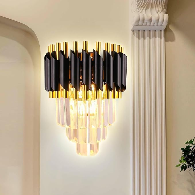 KINIS Black Gold and Crystal Led Wall Light for Living Room, Led Wall Lamp for Bedroom, Led Wall Scone for Home Decoration, Led Wall Lamp for Home Wall, Led Wall Lamp for Home/Resturant/Cafe/Bar/Hotel - Image 1