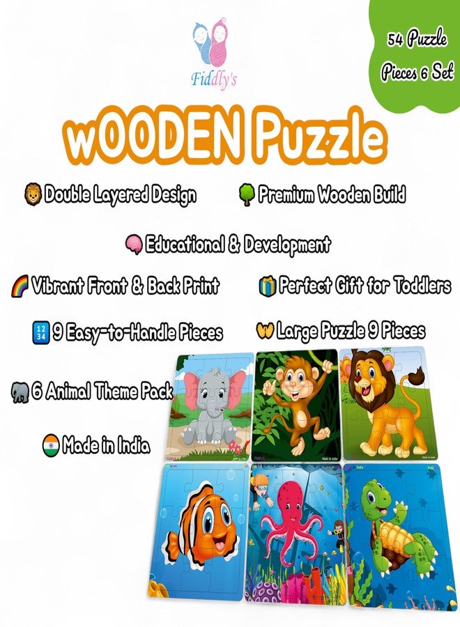 Fiddlys Wooden Jigsaw Puzzles for Kids & Children – 9 Pieces Each, Pack of 6|Double Layered Front & Back Print| Educational Toy for Boys & Girls Age 2 3 4 5 6 Year Old (Animal & Sea) - Image 3