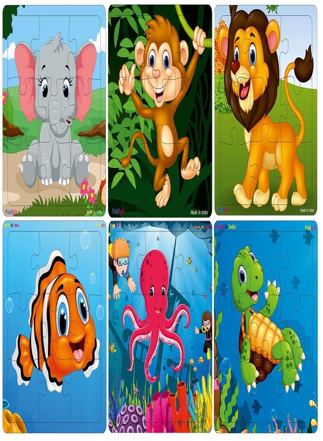 Fiddlys Wooden Jigsaw Puzzles for Kids & Children – 9 Pieces Each, Pack of 6|Double Layered Front & Back Print| Educational Toy for Boys & Girls Age 2 3 4 5 6 Year Old (Animal & Sea) - Image 1