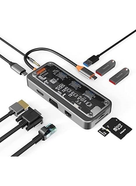 Type-C Audio Pd HDMI VGA Rj-45 Ethernet Sd Tf 3x USB 3.0 Hub Converter SW10V