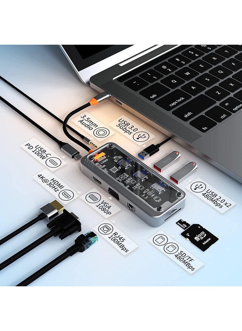 Type-C Audio Pd HDMI VGA Rj-45 Ethernet Sd Tf 3x USB 3.0 Hub Converter SW10V