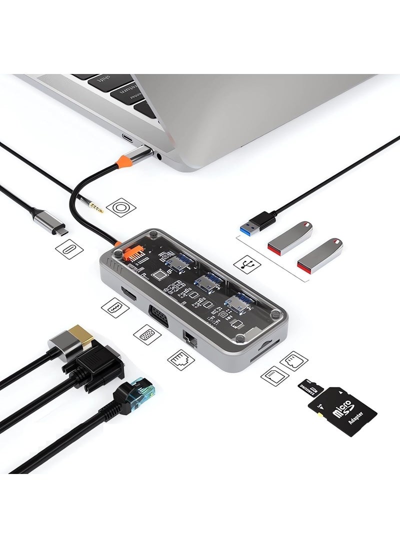Type-C Audio Pd HDMI VGA Rj-45 Ethernet Sd Tf 3x USB 3.0 Hub Converter SW10V