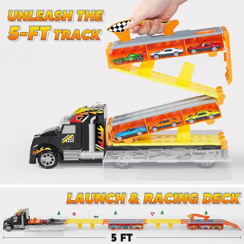 JOYIN 3 Layer Foldable Track Carrier Truck Set, 12 Die-Cast Toy Racing Cars with Storage & 2 Launchers, Fun & Realistic Car Toys with Lights & Sounds for Boys Ages 3+ - Image 3