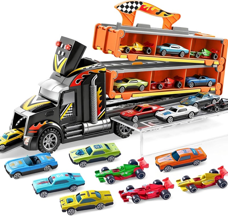 JOYIN 3 Layer Foldable Track Carrier Truck Set, 12 Die-Cast Toy Racing Cars with Storage & 2 Launchers, Fun & Realistic Car Toys with Lights & Sounds for Boys Ages 3+ - Image 1