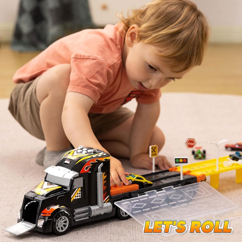 JOYIN 3 Layer Foldable Track Carrier Truck Set, 12 Die-Cast Toy Racing Cars with Storage & 2 Launchers, Fun & Realistic Car Toys with Lights & Sounds for Boys Ages 3+ - Image 5