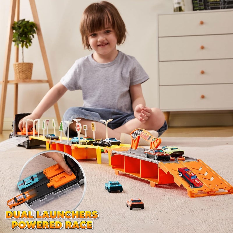 JOYIN 3 Layer Foldable Track Carrier Truck Set, 12 Die-Cast Toy Racing Cars with Storage & 2 Launchers, Fun & Realistic Car Toys with Lights & Sounds for Boys Ages 3+ - Image 4