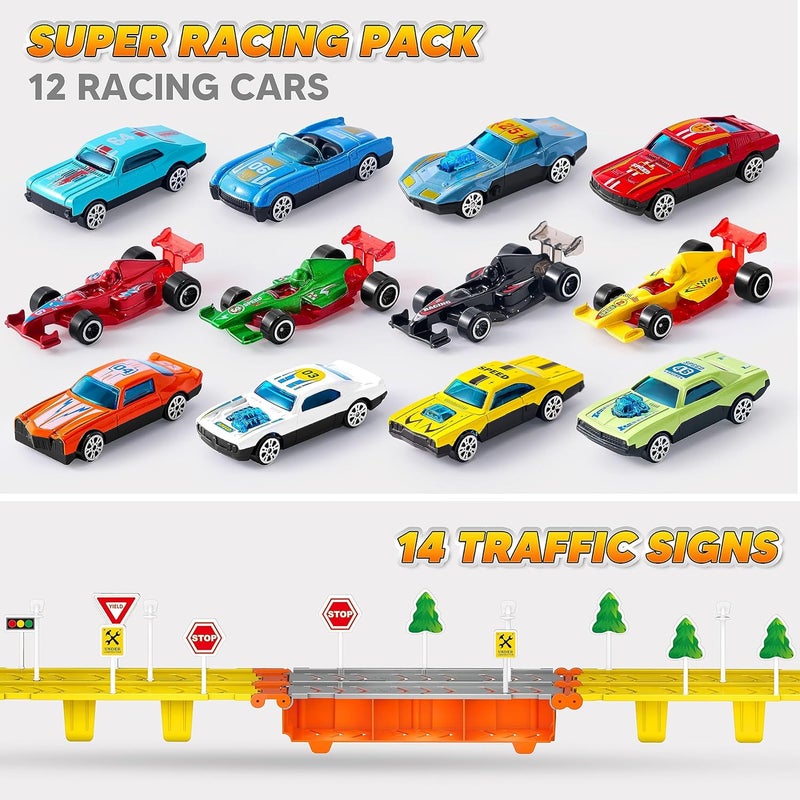 JOYIN 3 Layer Foldable Track Carrier Truck Set, 12 Die-Cast Toy Racing Cars with Storage & 2 Launchers, Fun & Realistic Car Toys with Lights & Sounds for Boys Ages 3+ - Image 2