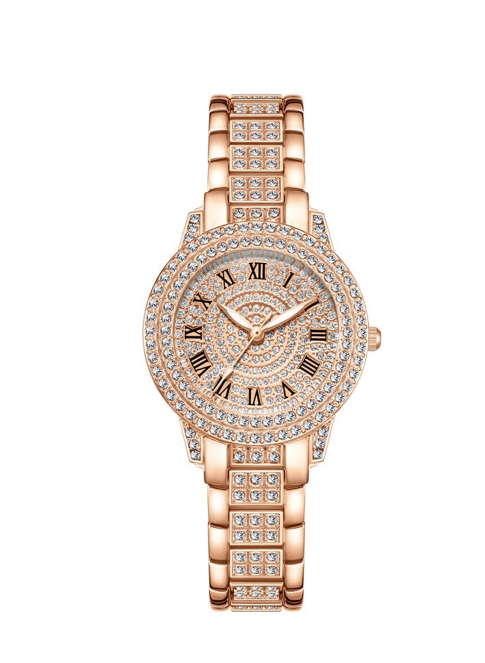 New fashion trend diamond full diamond Roman pattern ladies watch bracelet rose gold - Image 1