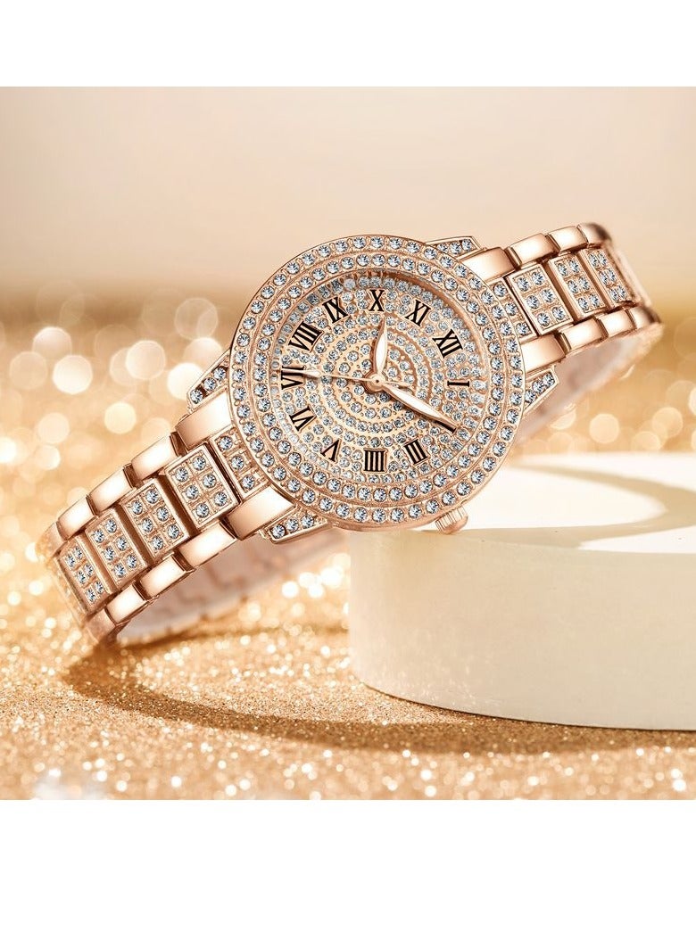 New fashion trend diamond full diamond Roman pattern ladies watch bracelet rose gold - Image 3
