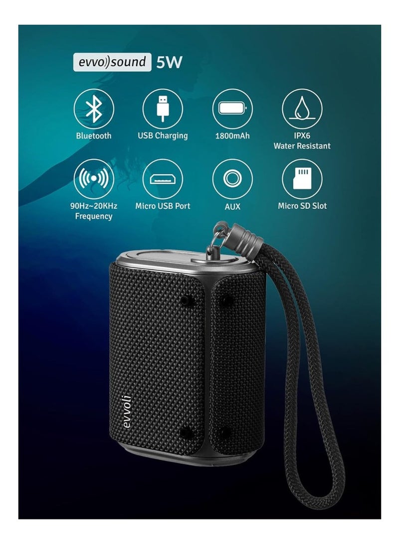 إيفولي مكبر صوت بلوتوث ايفولي 5 واط داخلي وخارجي مقاوم للماء مع ميكروفون مدمج -EVAUD-MB5A، اسود - Image 5