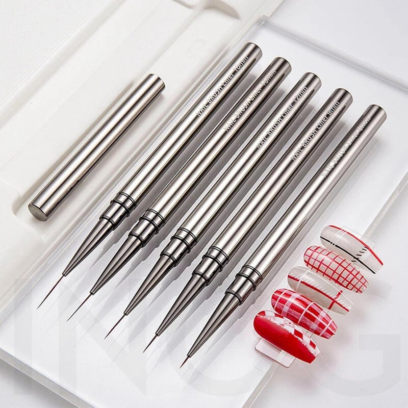 INOG Nail Art Brush Set, Nail Art Liner Brushes Nail Dotting Drawing Tool for Long Lines, Thin Details, Fine Drawing 5Pcs Set, Sizes 6/9/12/15/18mm(Silver) Nylon, Fine Point Bristle - Image 1