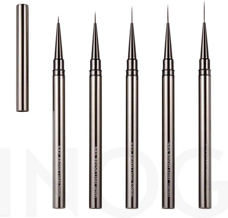 INOG Nail Art Brush Set, Nail Art Liner Brushes Nail Dotting Drawing Tool for Long Lines, Thin Details, Fine Drawing 5Pcs Set, Sizes 6/9/12/15/18mm(Silver) Nylon, Fine Point Bristle - Image 2