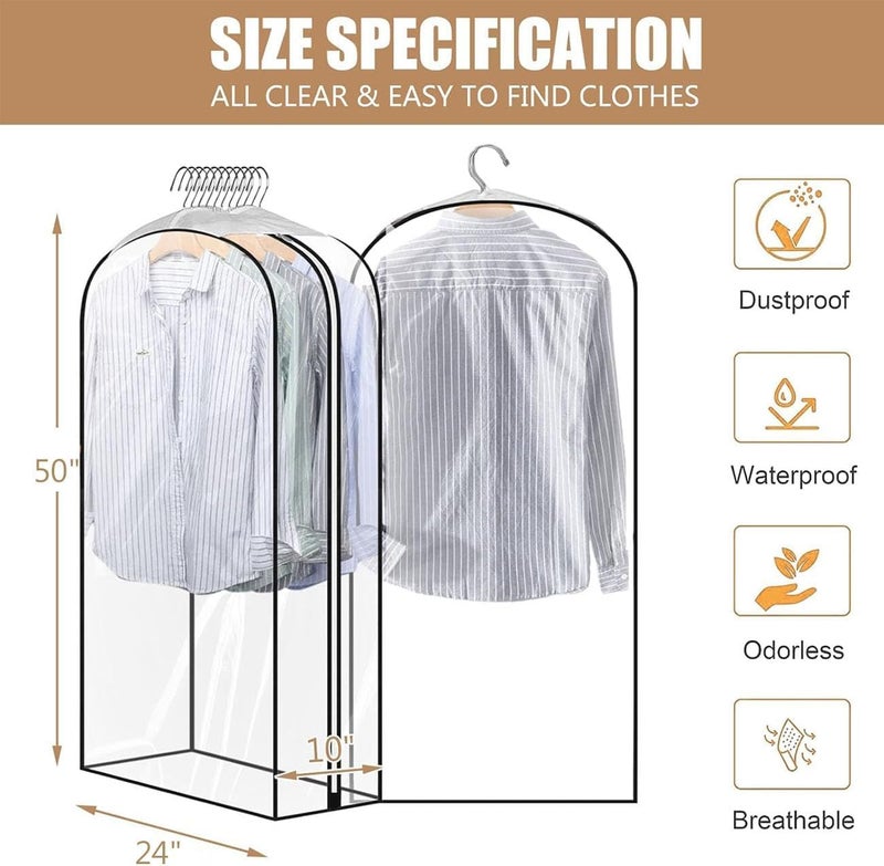JUMBO FILTER 5 Pack 50" All Clear Garment Bags for Hanging Clothes Storage, 10" Gusseted Large Capacity Garment Rack Cover, Large Hanging Clothing Bag for Dress Gowns, Coats, Suit, Down Jacket - Image 3