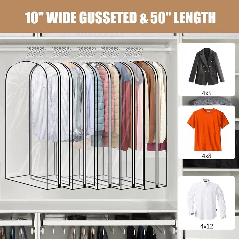 JUMBO FILTER 5 Pack 50" All Clear Garment Bags for Hanging Clothes Storage, 10" Gusseted Large Capacity Garment Rack Cover, Large Hanging Clothing Bag for Dress Gowns, Coats, Suit, Down Jacket - Image 2
