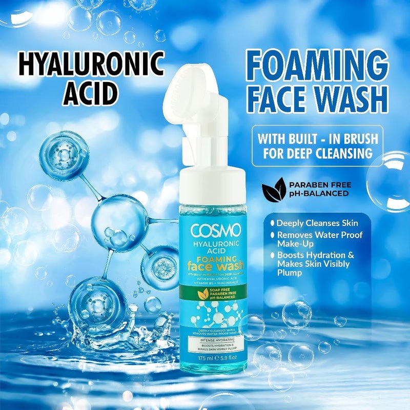 COSMO Hyaluronic Acid Foaming Face Wash 175ml, With Built-in Brush for Deep Cleansing, Paraben Free & Ph Balanced, Boosts Hydration and makes Skin Visibly Plump, For Daily Use - Image 2